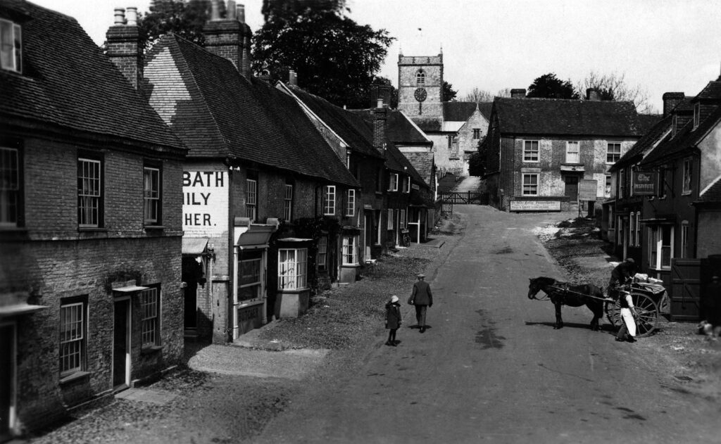 View north up High Street, Hambledon, showing Cutbath Butchers and the village stores, c.1900