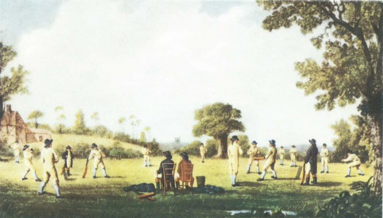 An artist’s impression of early cricket at Broadhalfpenny Down